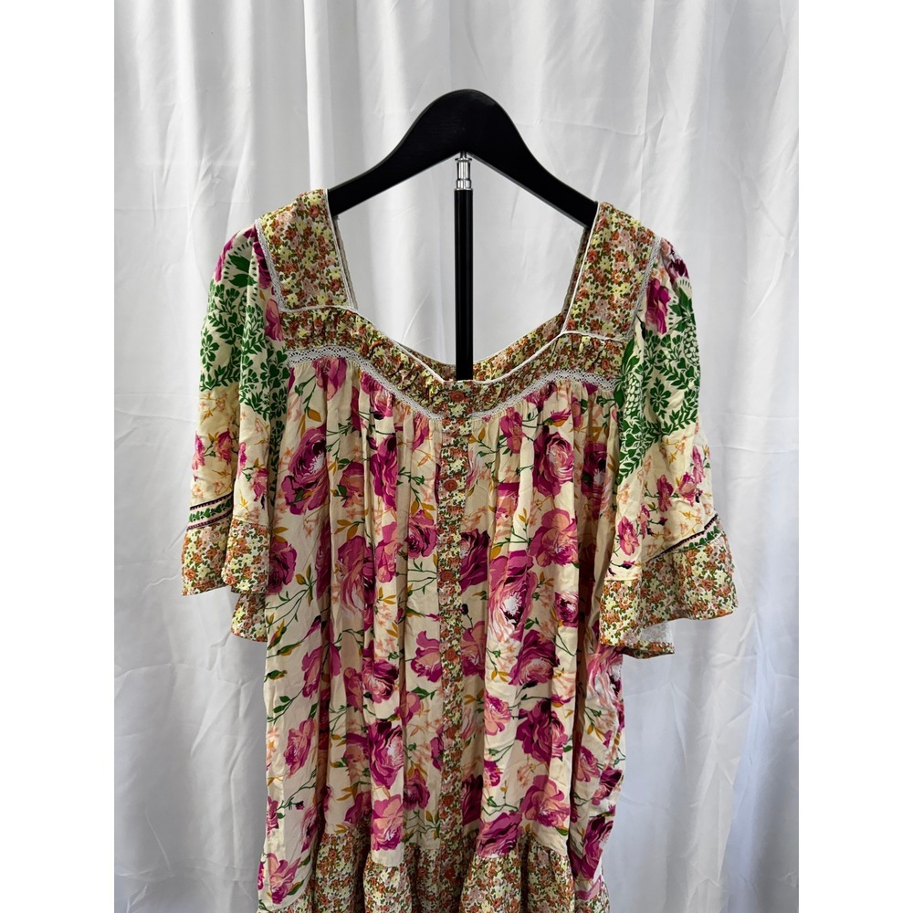 Umgee Pink Floral Patchwork Cottagecore Flutter Sleeve Short Dress Plus Sz 2XL - Picture 5 of 16